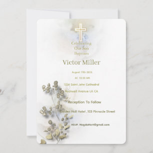 Soft watercolor & golden Cross Baptism invitation