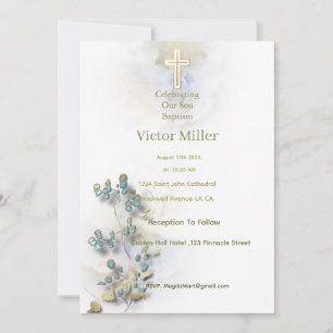 Soft watercolor & golden Cross Baptism invitation