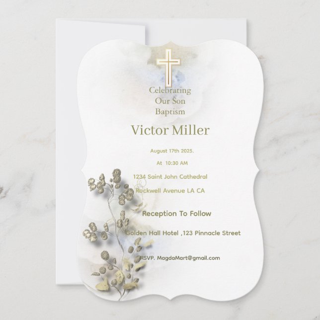 Soft watercolor & golden Cross Baptism invitation  (Front)