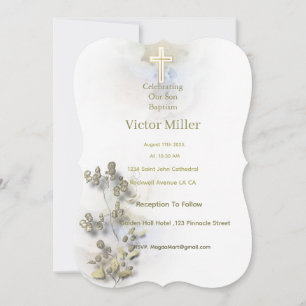 Soft watercolor & golden Cross Baptism invitation 