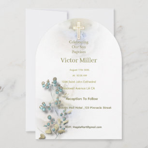 Soft watercolor & golden Cross Baptism invitation
