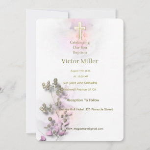 Soft watercolor & golden Cross Baptism invitation 