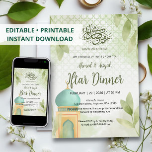 Soft Watercolor Green Mosque Ramadan Iftar Dinner Invitation