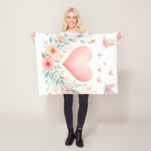 Soft Watercolor Heart Love Flowers Birds Fleece Blanket