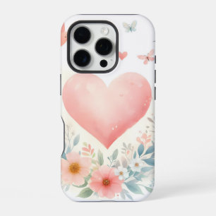 Soft Watercolor Heart Love Flowers Birds iPhone 16 Pro Case