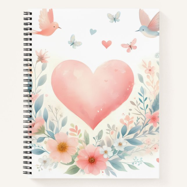 Soft Watercolor Heart Love Flowers Birds Notebook (Front)