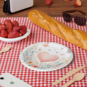 Soft Watercolor Heart Love Flowers Birds Paper Plate