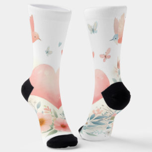 Soft Watercolor Heart Love Flowers Birds Socks