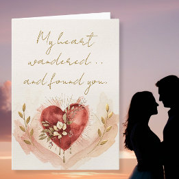 Soft Watercolor Heart with Warm Florals and Gold Holiday Card