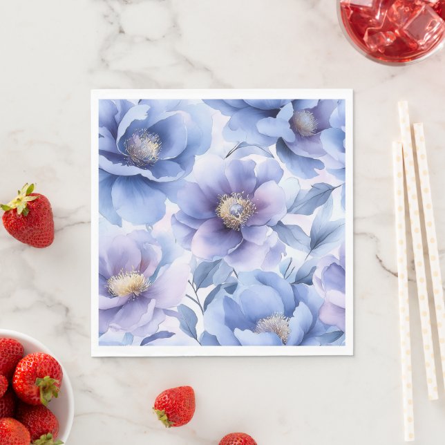 Soft Watercolor Lavender and Blue Peony Pattern Napkin (Insitu)