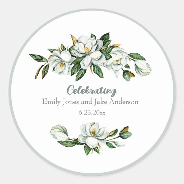 Soft Watercolor Magnolia Greenery Wedding Classic Round Sticker (Front)
