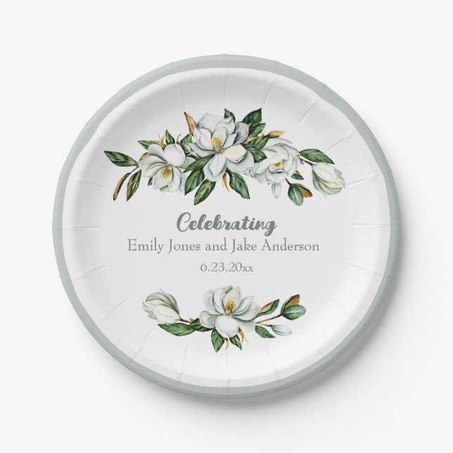 Soft Watercolor Magnolia Greenery Wedding Paper Plate (Front)