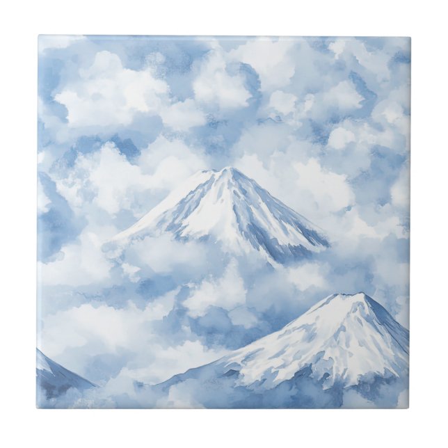 Soft Watercolor Mountains Snow Clouds Blue White Tile (Front)
