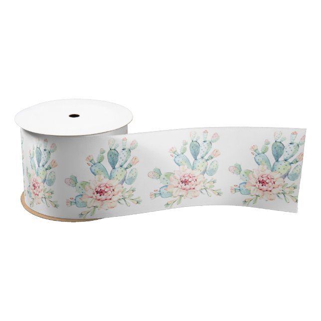 Soft Watercolor Pastel Blooming Cactus  Satin Ribb Ribbon (Spool)