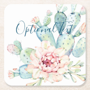 Soft Watercolor Pastel Blooming Cactus  Square Paper Coaster