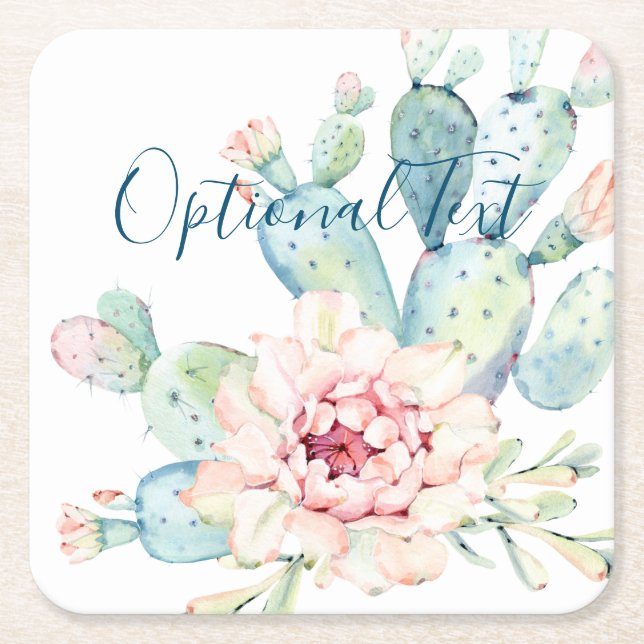 Soft Watercolor Pastel Blooming Cactus  Square Paper Coaster (Front)