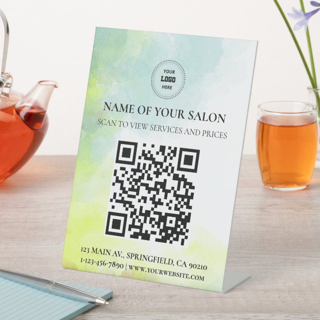 Soft Watercolor QR Code Salon Services Sign (In SItu)