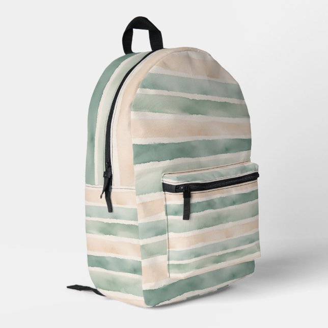 Soft Watercolor Sage Green & Peach Stripes Printed Backpack (Back Corner Left)