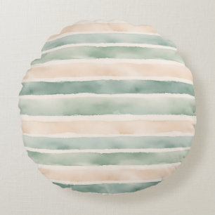 Soft Watercolor Sage Green & Peach Stripes Round Cushion