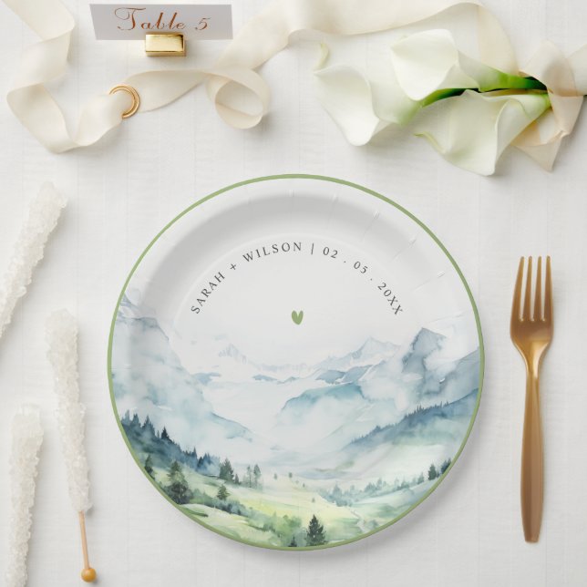 Soft Watercolor Snow Mountain Landscape Wedding Paper Plate (Wedding)