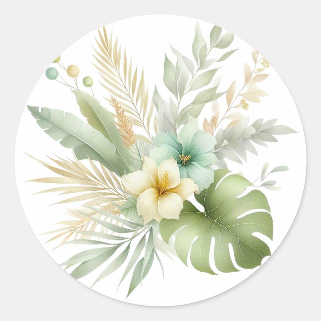 Soft Watercolor Tropical Leaves & Flowers Sticker  (Front)