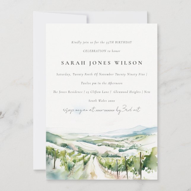 Soft Watercolor Vineyard Landscape Birthday Invitation (Front)
