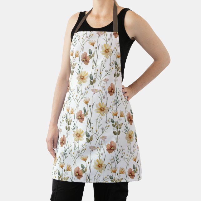 Soft Watercolor Wildflower Botanical Boho Pattern Apron (Insitu)
