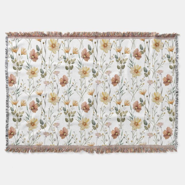Soft Watercolor Wildflower Botanical Boho Pattern Throw Blanket (Front)