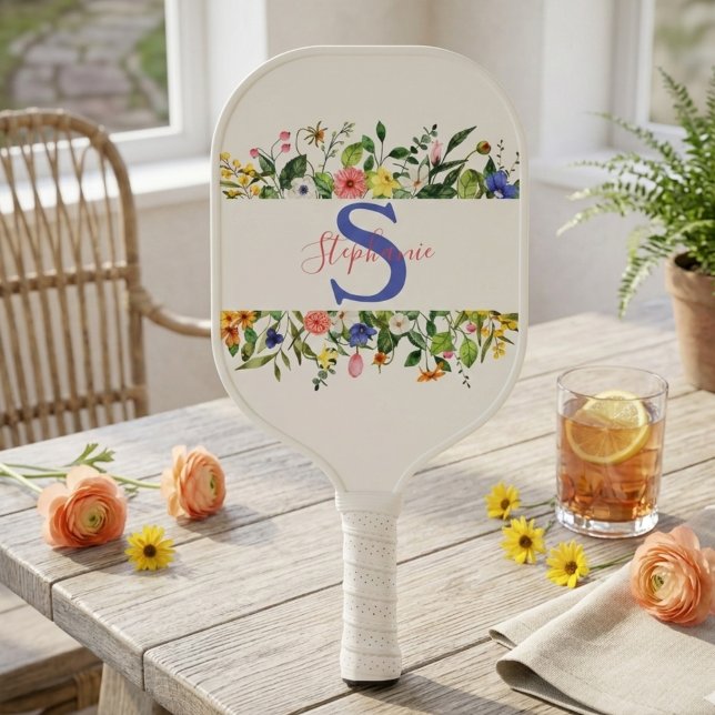 Soft Watercolor Wildflowers – Feminine Pickleball  Paddle (Floral monogram pickleball paddle)