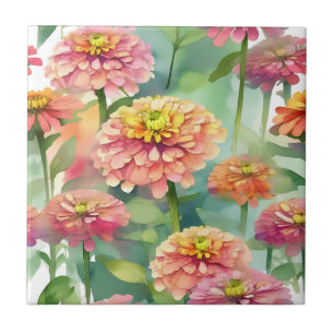 Soft Watercolor Zinnia Floral Tile