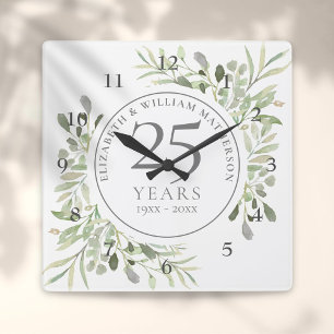 Soft Watercolour Leaves 25th Wedding Anniversary Square Wall Clock