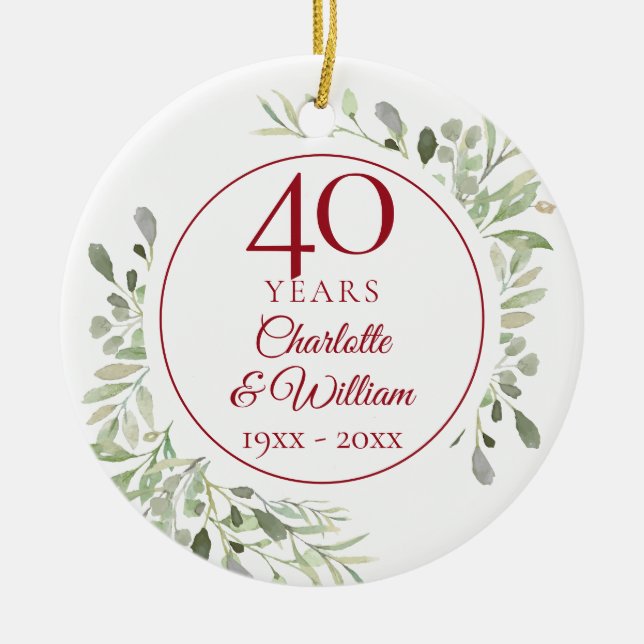 Soft Watercolour Leaves 40th Anniversary Photo Ceramic Tree Decoration (Front)