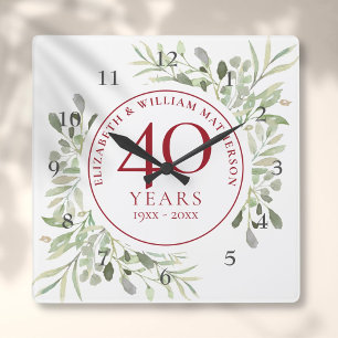 Soft Watercolour Leaves 40th Anniversary Square Wall Clock