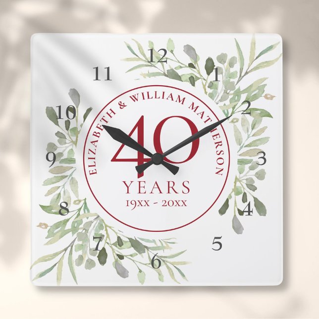 Soft Watercolour Leaves 40th Anniversary Square Wall Clock (Soft Watercolour Leaves 40th Anniversary Square Wall Clock)