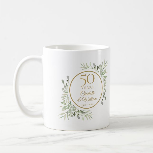 Soft Watercolour Leaves 50th Anniversary Coffee Mug (Left)