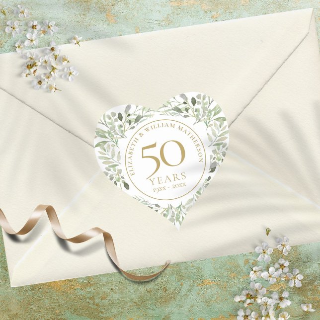 Soft Watercolour Leaves 50th Anniversary Heart Sticker (Soft Watercolour Leaves 50th Anniversary Heart Sticker)