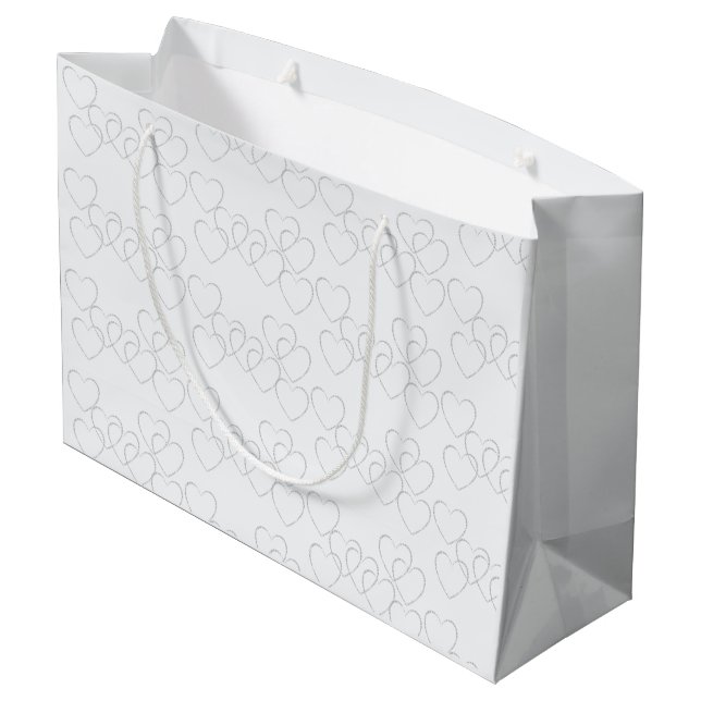 Soft Wedding Silver Heart Charms on White Large Gift Bag (Back Angled)