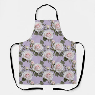 Soft White And Blush Pink Roses On Smoky Lavender Apron