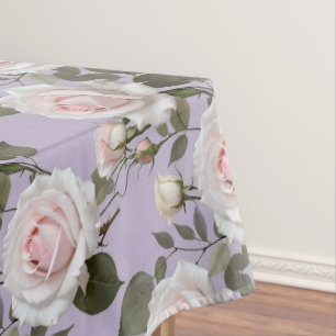 Soft White And Blush Pink Roses On Smoky Lavender Tablecloth