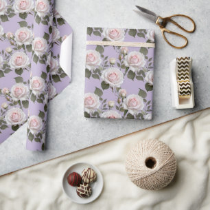 Soft White And Blush Pink Roses On Smoky Lavender Wrapping Paper