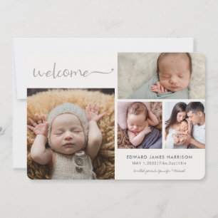 Soft White Baby Announcement Photo Collage Card
