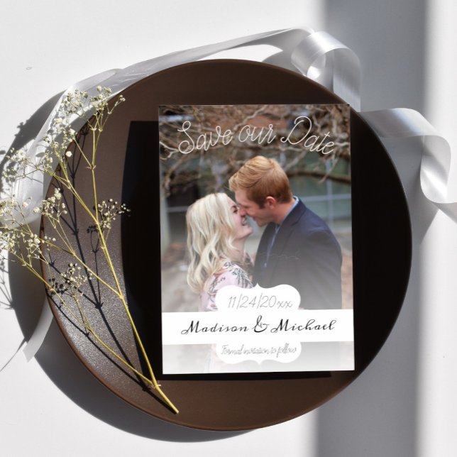 Soft White Banner Photo Save The Date Announcement (Soft White Banner Photo Save the Date)