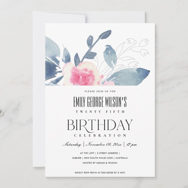 SOFT WHITE BLUSH BLUE FLORAL 25th ANY AGE BIRTHDAY Invitation (Front)