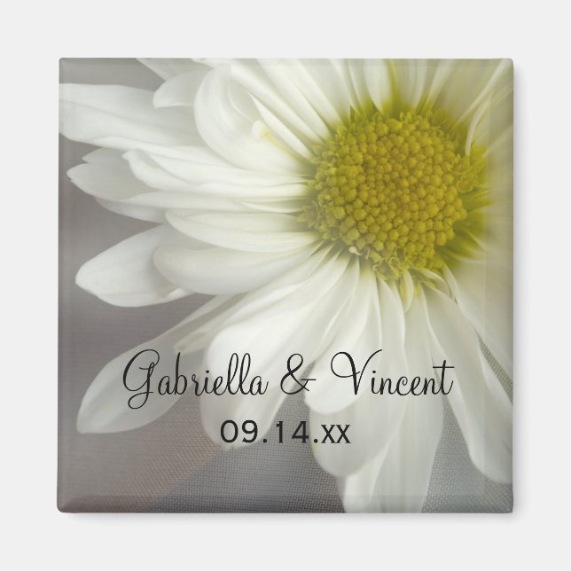 Soft White Daisy on Grey Wedding Magnet (Front)