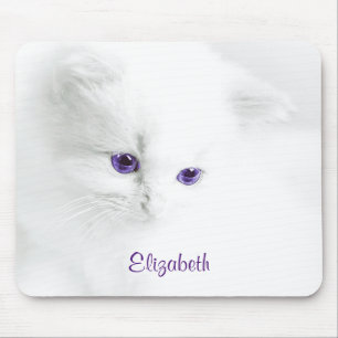 Soft White Kitten with Purple Eyes Personalised Mouse Pad