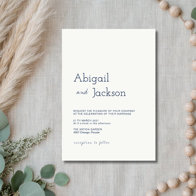 Soft White & Navy Minimalist Clean Modern Wedding Invitation (Creator Uploaded)