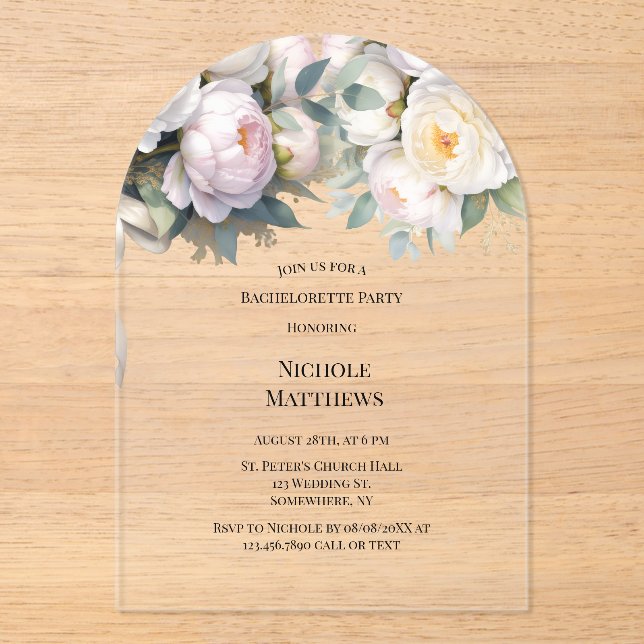 Soft White Peony with Eucalyptus Bachelorette Acrylic Invitations (Front)