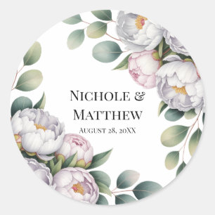 Soft White Peony with Eucalyptus Leaves Wedding Classic Round Sticker