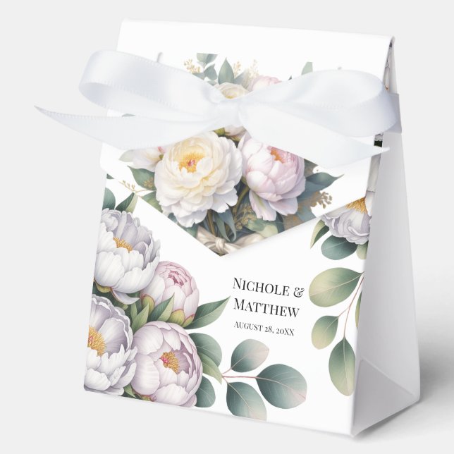 Soft White Peony with Eucalyptus Leaves Wedding Favour Box (Front)