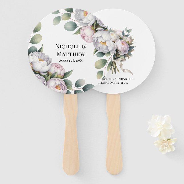 Soft White Peony with Eucalyptus Leaves Wedding Hand Fan (Front and Back)
